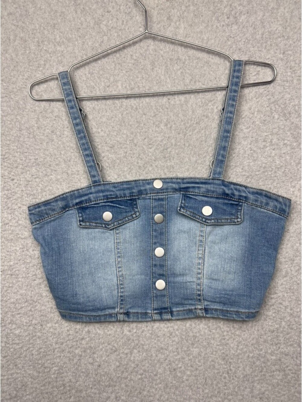 Dylan Ryan NYC Denim Crop Top Womens L Blue Stretch Smocked Bustier Button Y2K